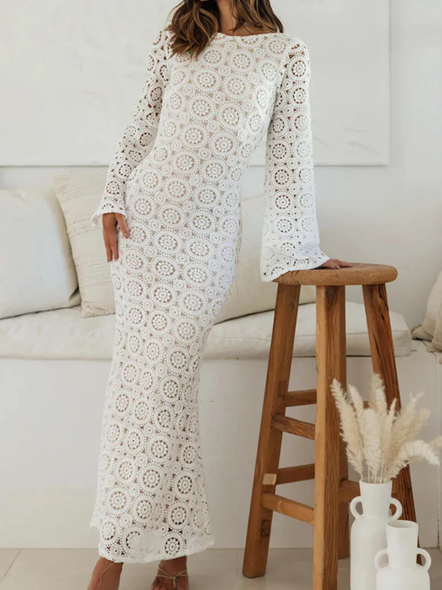 Women Knit Long Elegant Flower Jacquard Backless Maxi Hollow Out Crochet Holiday Beach Lace Dress