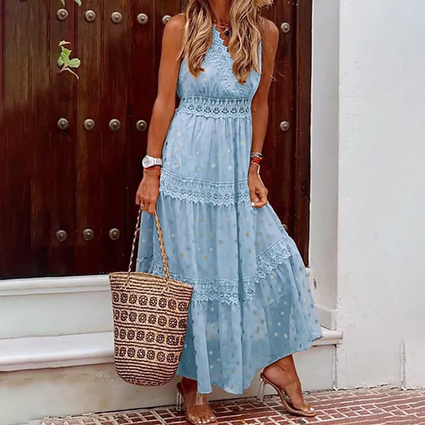 Women's Sleeveless Solid Color Lace Panel Dress