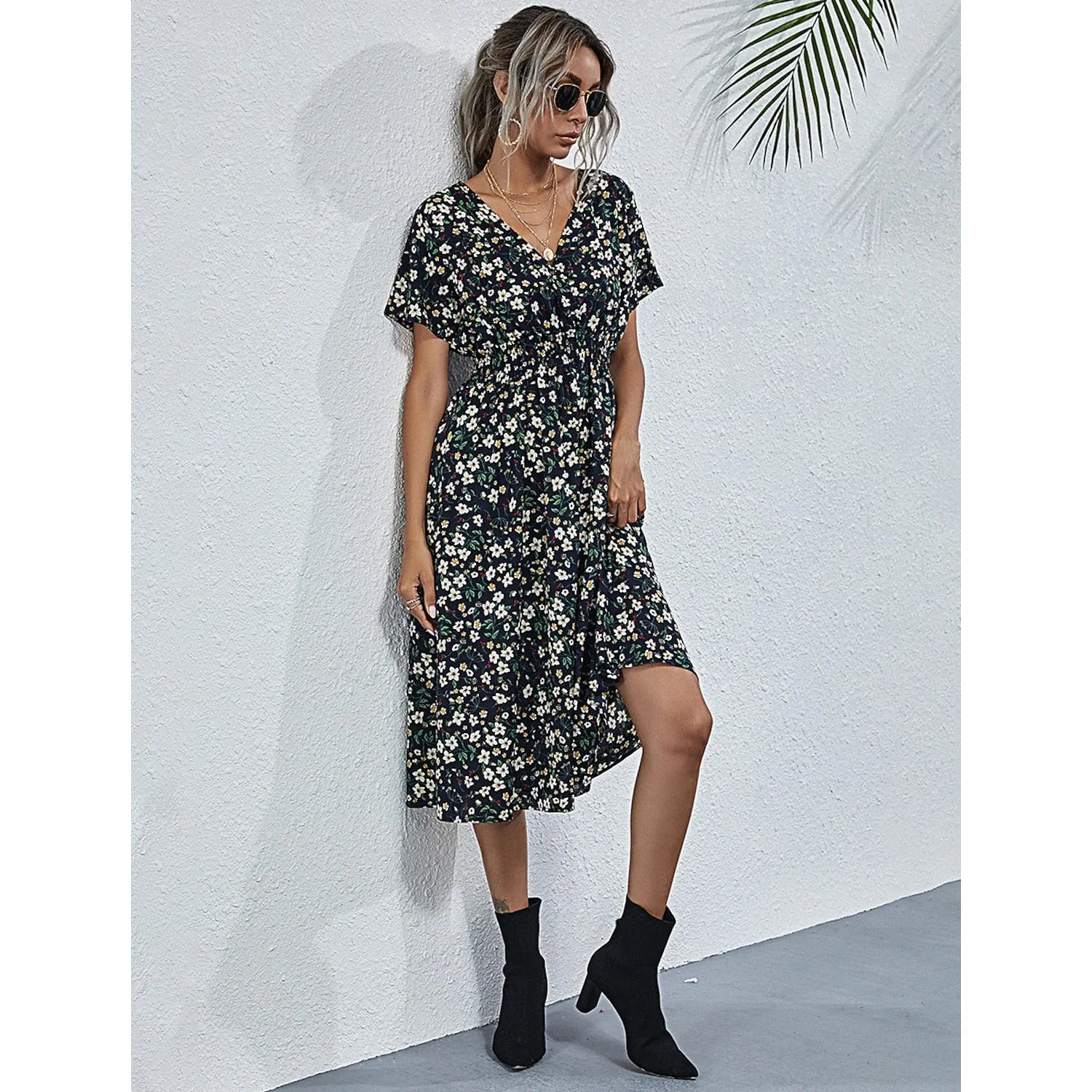 Women's V Neck Casual Boho Loose Midi Dress