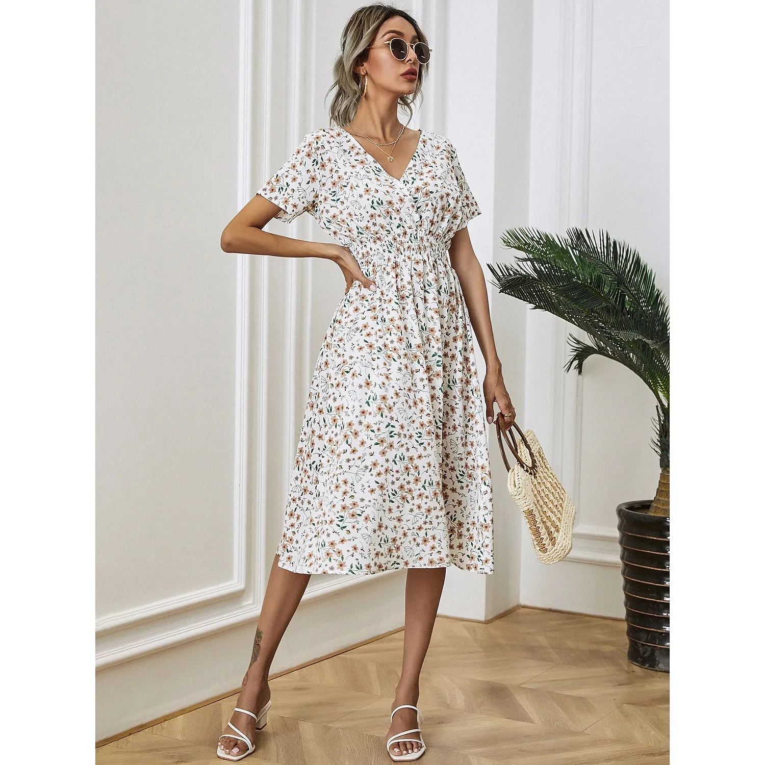 Women's V Neck Casual Boho Loose Midi Dress