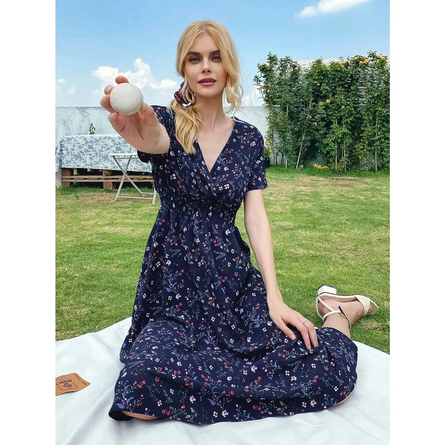Women's V Neck Casual Boho Loose Midi Dress