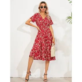 Women's V Neck Casual Boho Loose Midi Dress